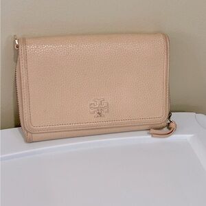 Tory Burch Thea Flap Crossbody Wallet Purse Pink Moon Pebbled Leather